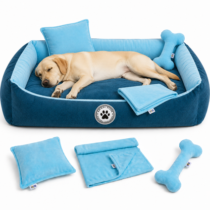 Set de Cama Para Perros lavable color Turquesa x 3 accesorios: cobija + almohada + Hueso