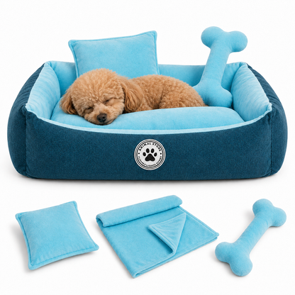 Set de Cama Para Perros lavable color Turquesa x 3 accesorios: cobija + almohada + Hueso