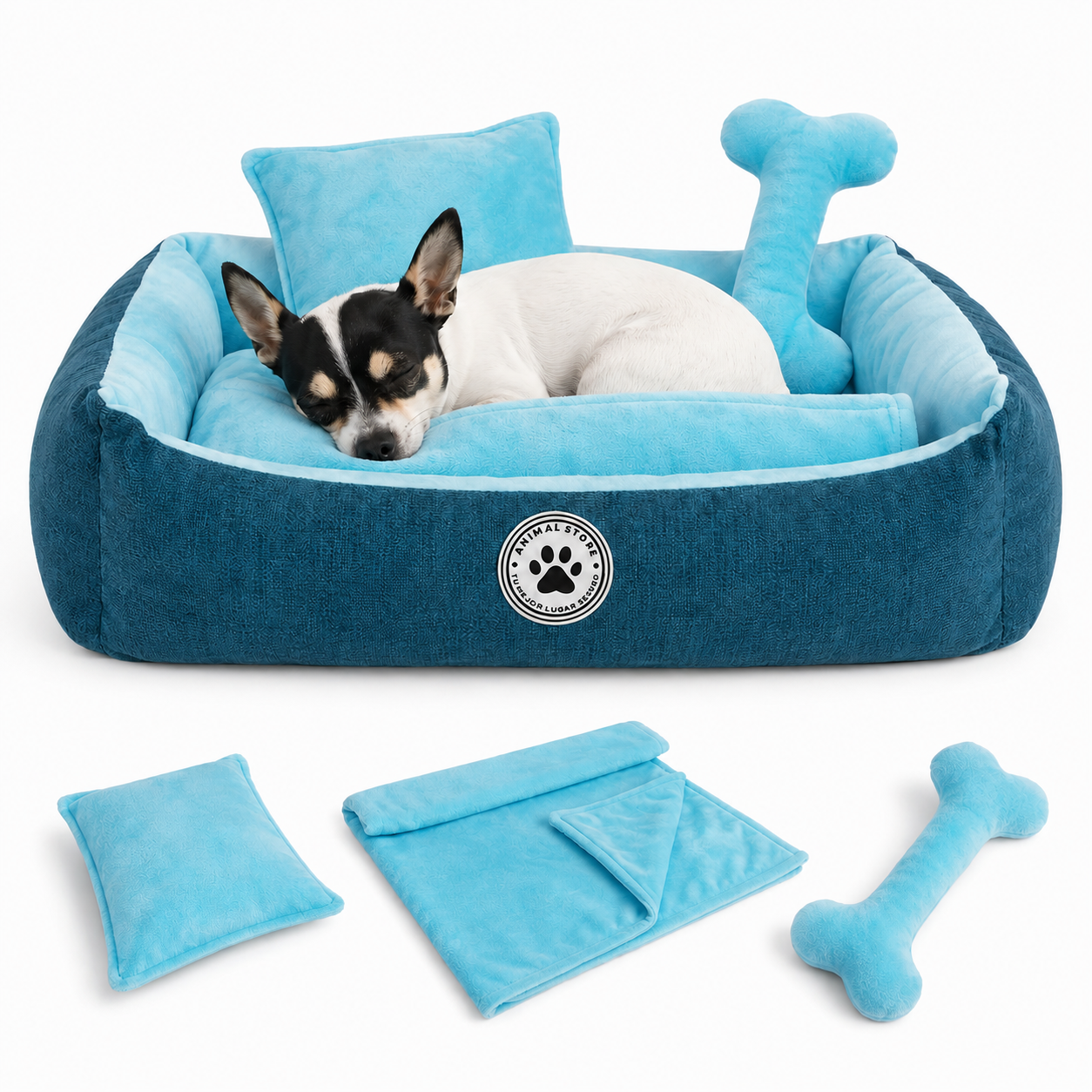 Set de Cama Para Perros lavable color Turquesa x 3 accesorios: cobija + almohada + Hueso