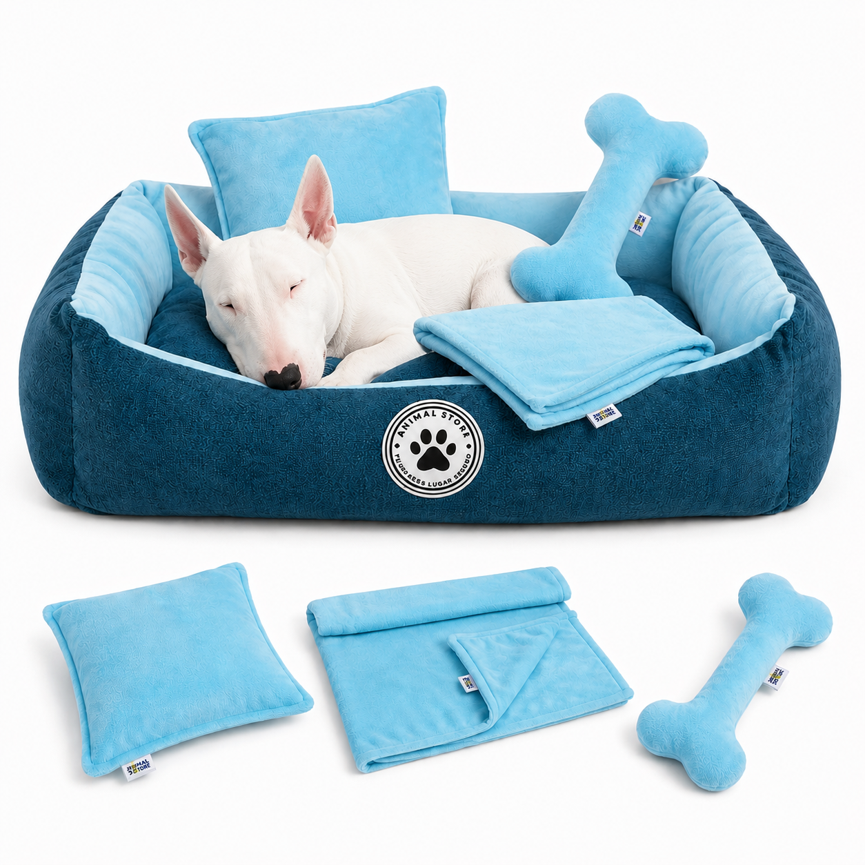 Set de Cama Para Perros lavable color Turquesa x 3 accesorios: cobija + almohada + Hueso