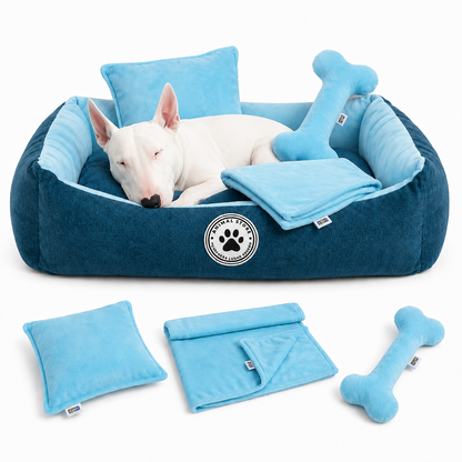 Set de Cama Para Perros lavable color Turquesa x 3 accesorios: cobija + almohada + Hueso