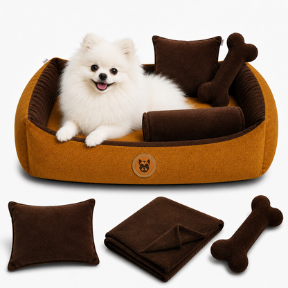Set de Cama Para Perros lavable color Mostaza x 3 accesorios: cobija + almohada + Hueso