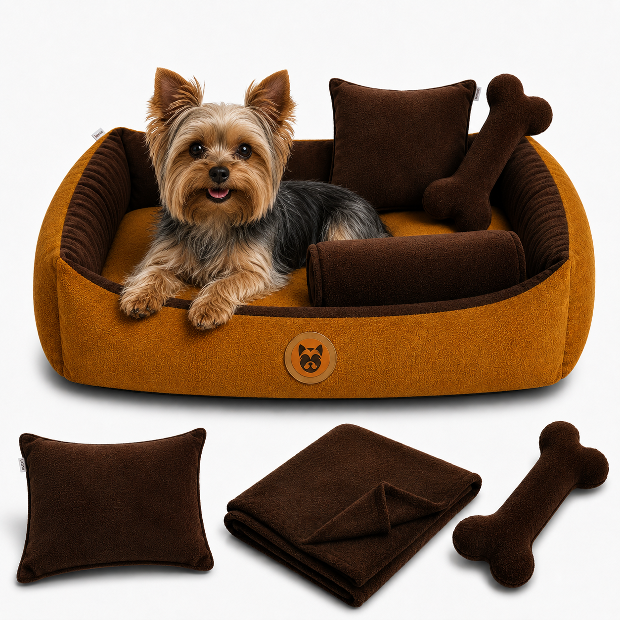 Set de Cama Para Perros lavable color Mostaza x 3 accesorios: cobija + almohada + Hueso