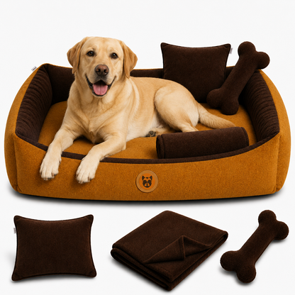 Set de Cama Para Perros lavable color Mostaza x 3 accesorios: cobija + almohada + Hueso
