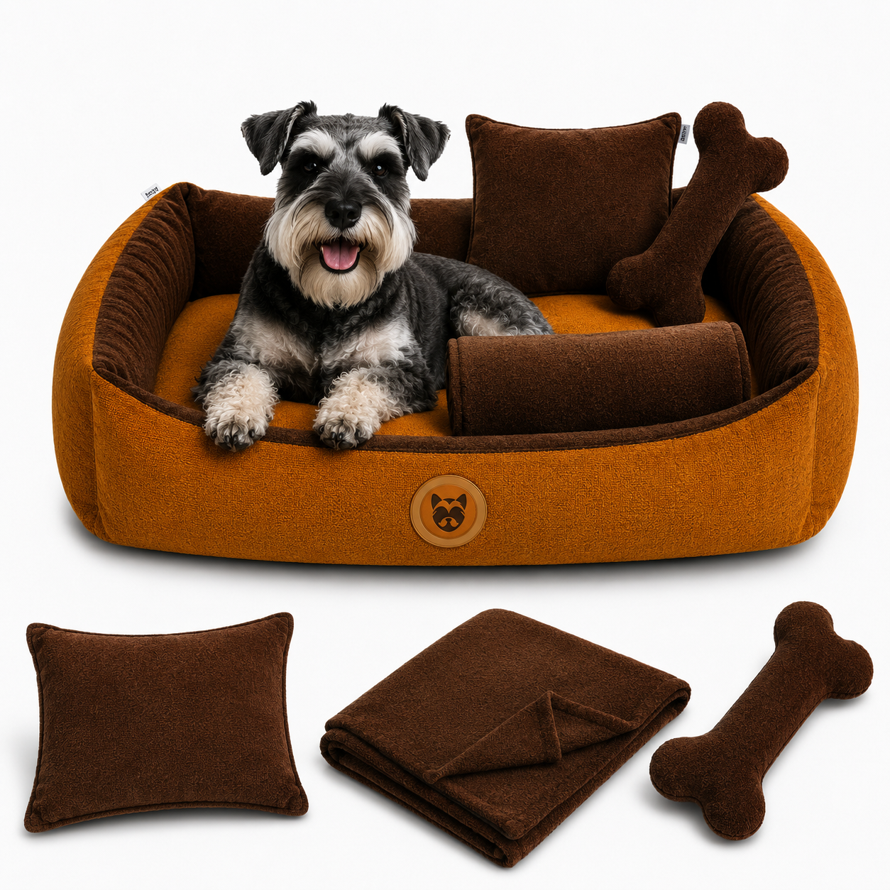 Set de Cama Para Perros lavable color Mostaza x 3 accesorios: cobija + almohada + Hueso