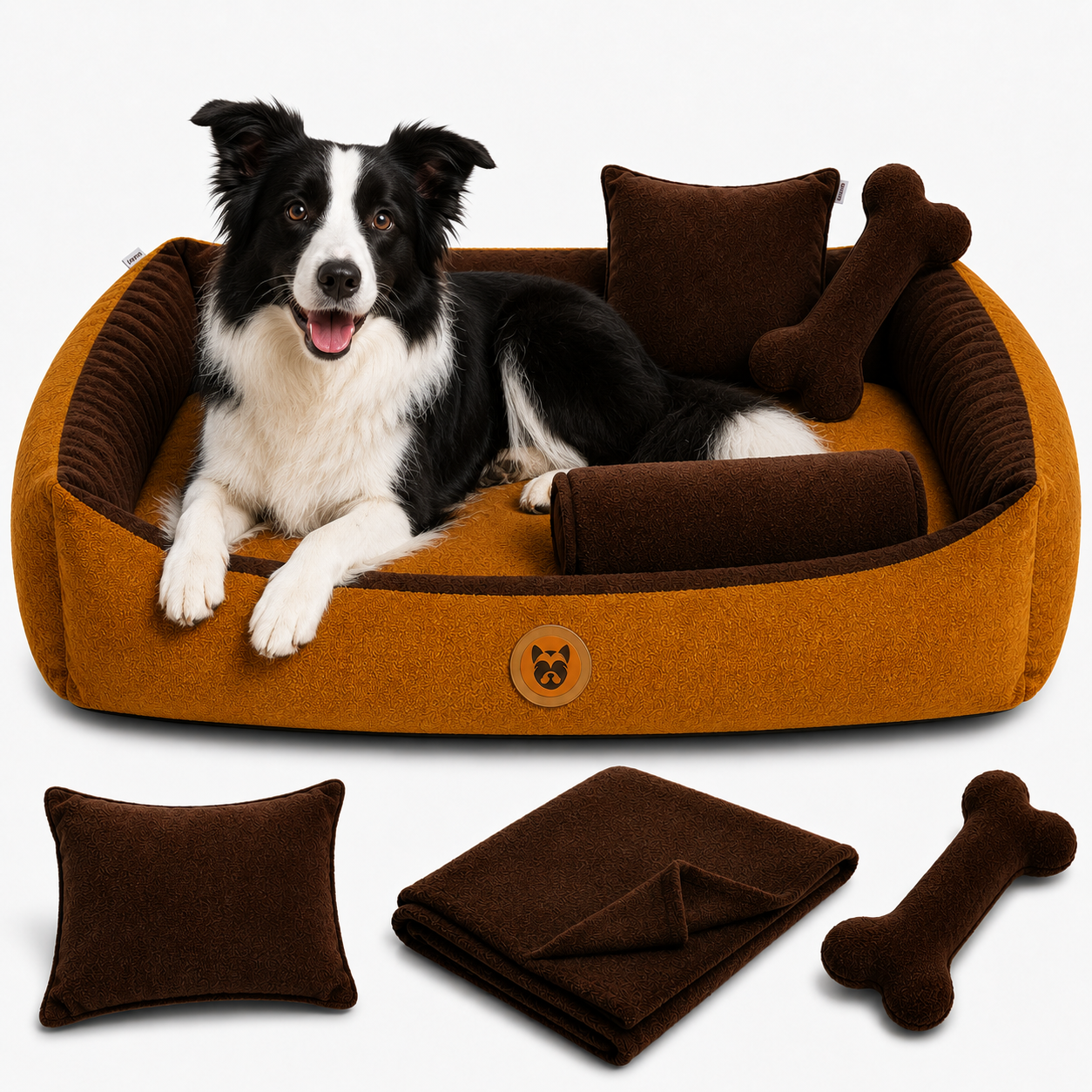 Set de Cama Para Perros lavable color Mostaza x 3 accesorios: cobija + almohada + Hueso
