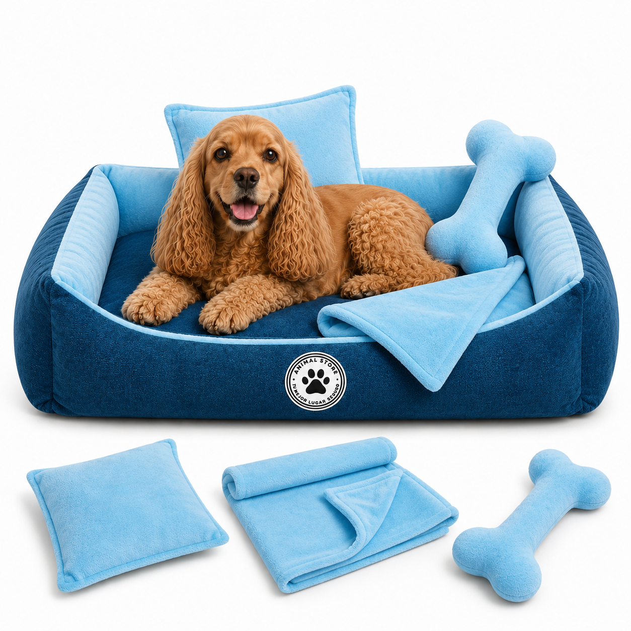 Set de Cama Para Perros lavable color Turquesa x 3 accesorios: cobija + almohada + Hueso