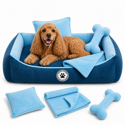 Set de Cama Para Perros lavable color Turquesa x 3 accesorios: cobija + almohada + Hueso