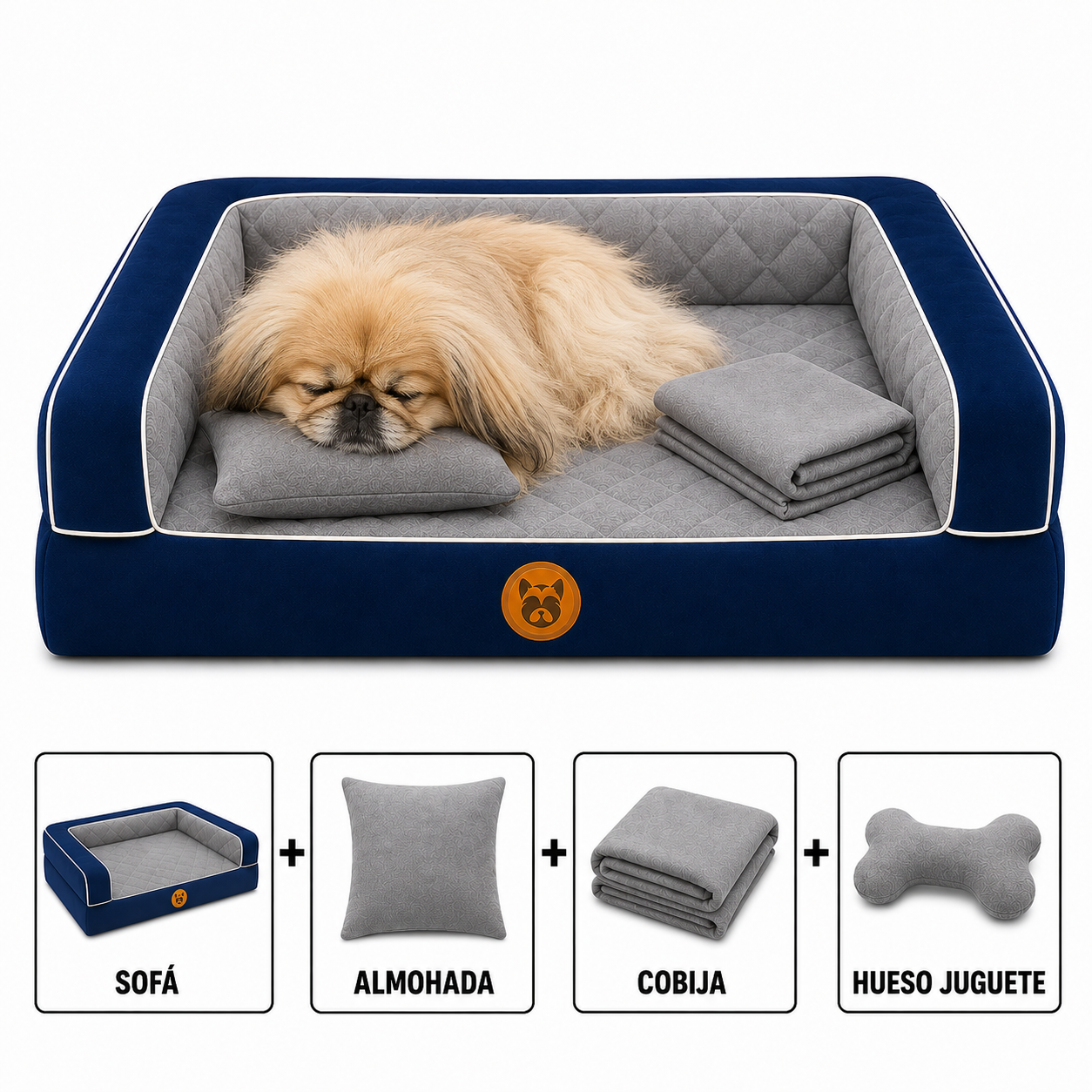 Cama Sofá Ortopédico para Perros con cobija + almohada + hueso juguete