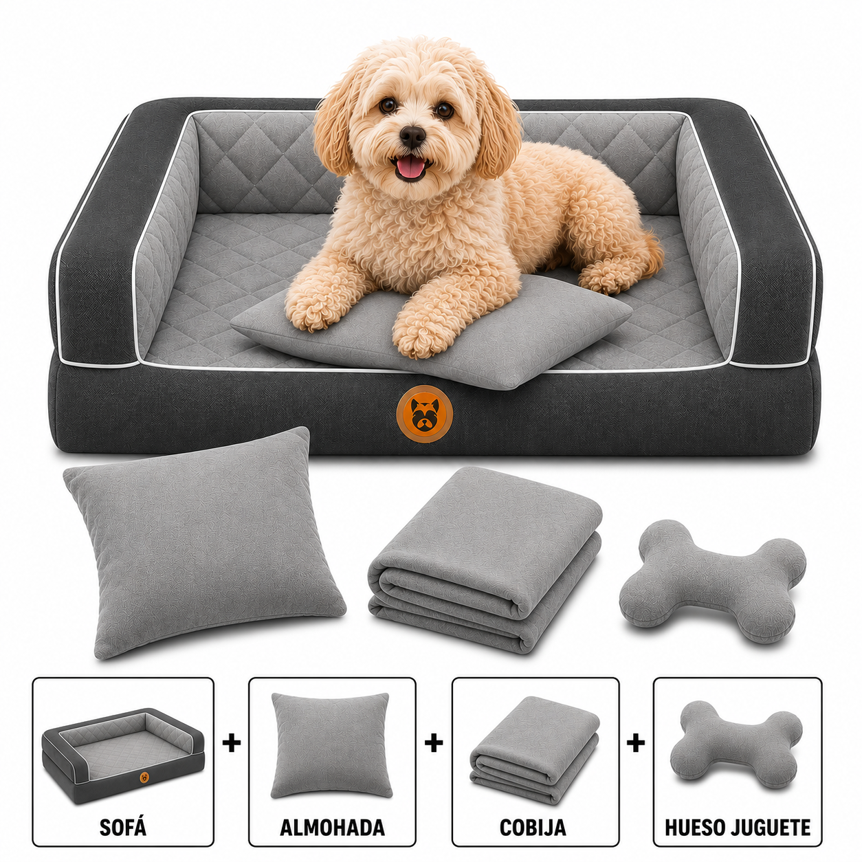 Cama Sofá Ortopédico para Perros con cobija + almohada + hueso juguete