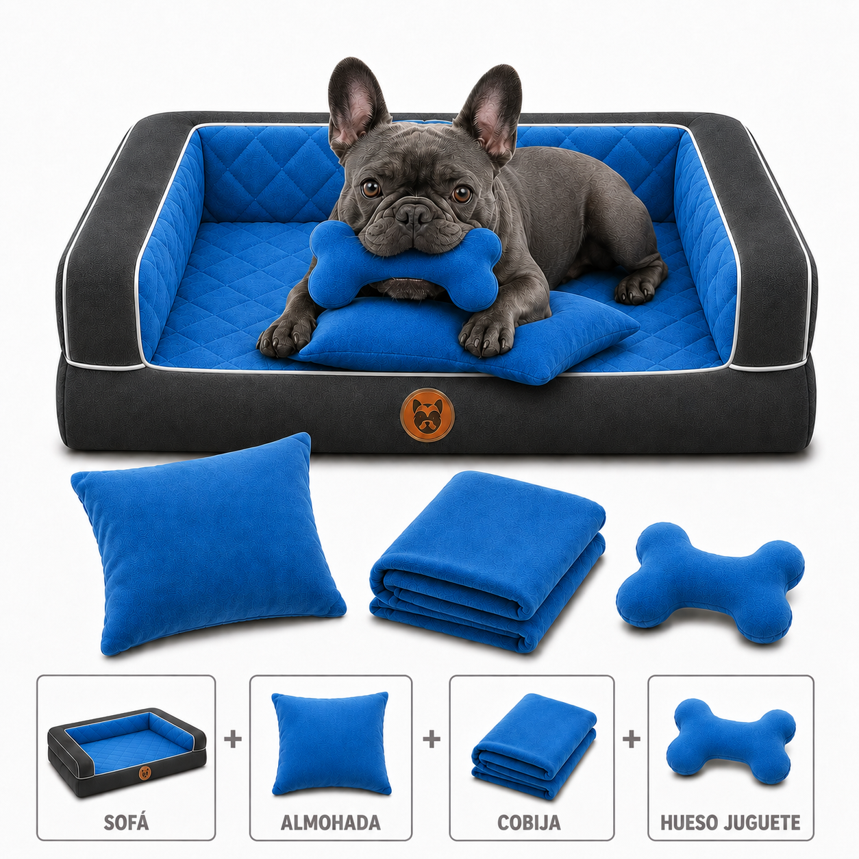 Cama Sofá Ortopédico para Perros con cobija + almohada + hueso juguete