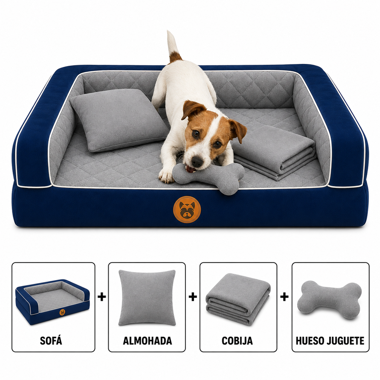 Cama Sofá Ortopédico para Perros con cobija + almohada + hueso juguete