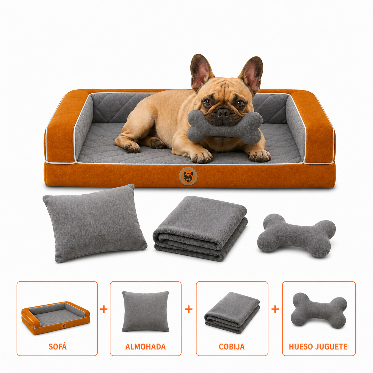 Cama Sofá Ortopédico para Perros con cobija + almohada + hueso juguete