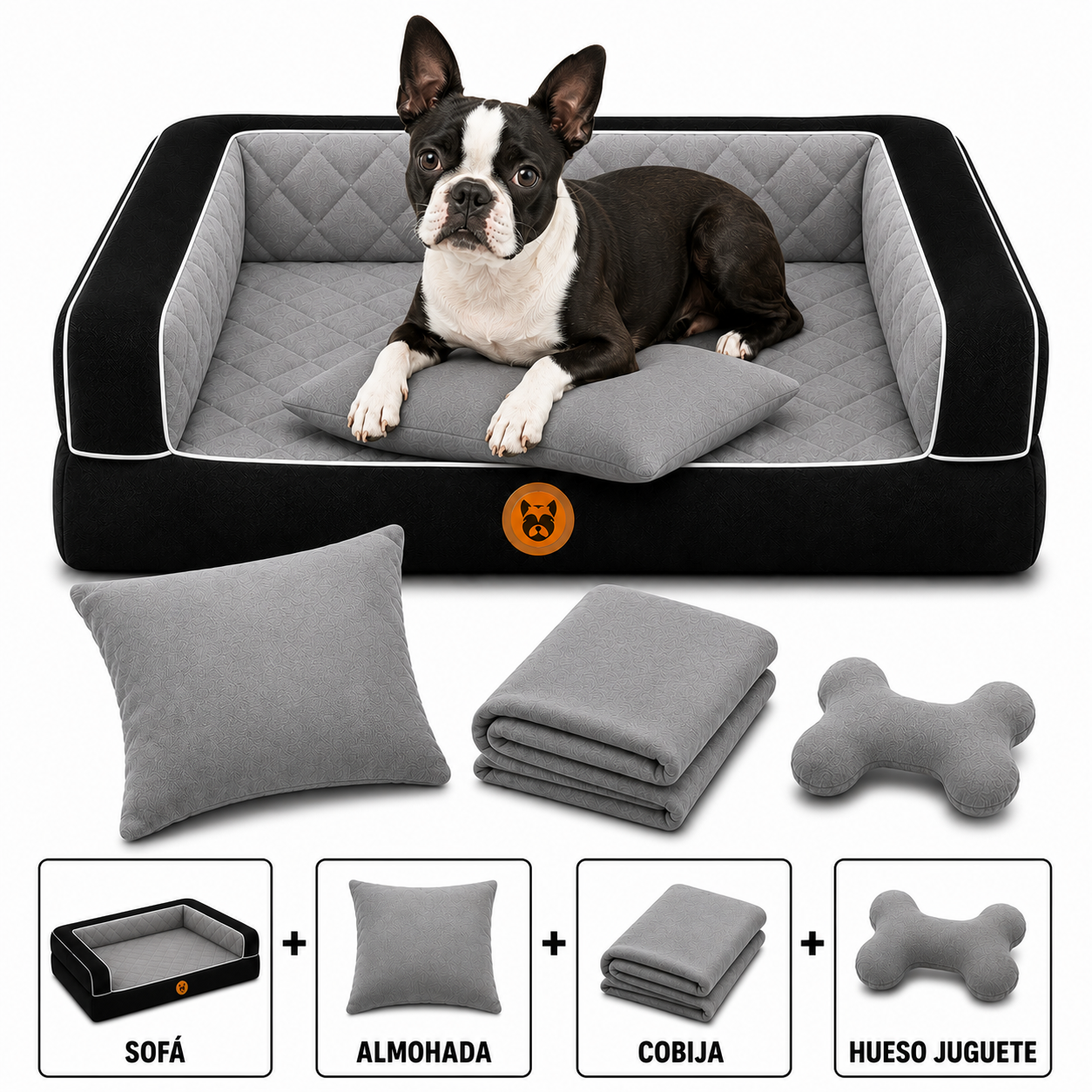 Cama Sofá Ortopédico para Perros con cobija + almohada + hueso juguete