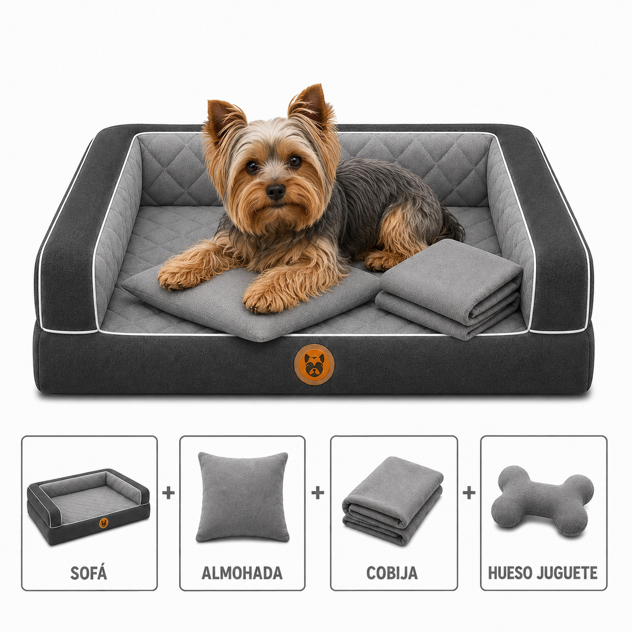 Cama Sofá Ortopédico para Perros con cobija + almohada + hueso juguete