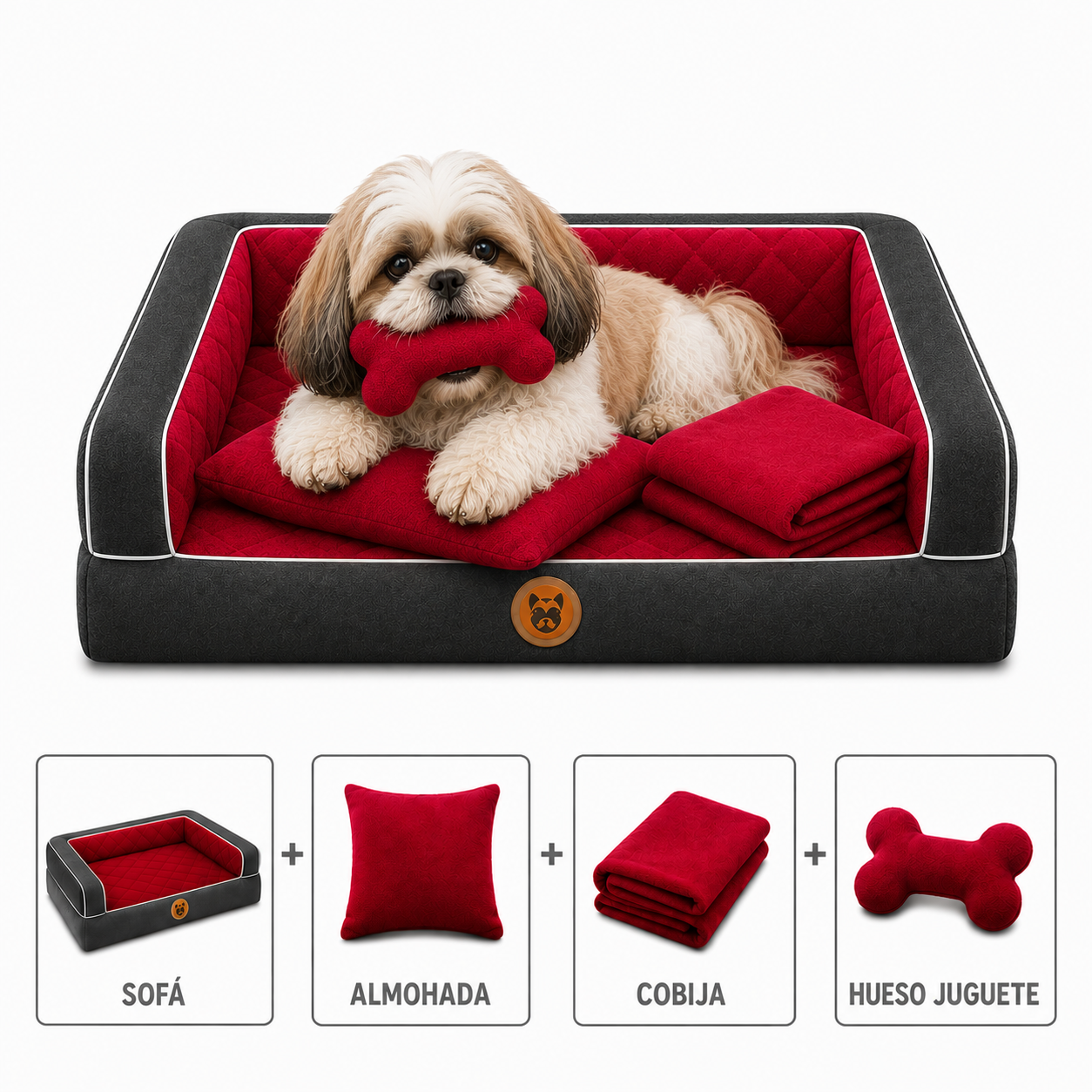 Cama Sofá Ortopédico para Perros con cobija + almohada + hueso juguete