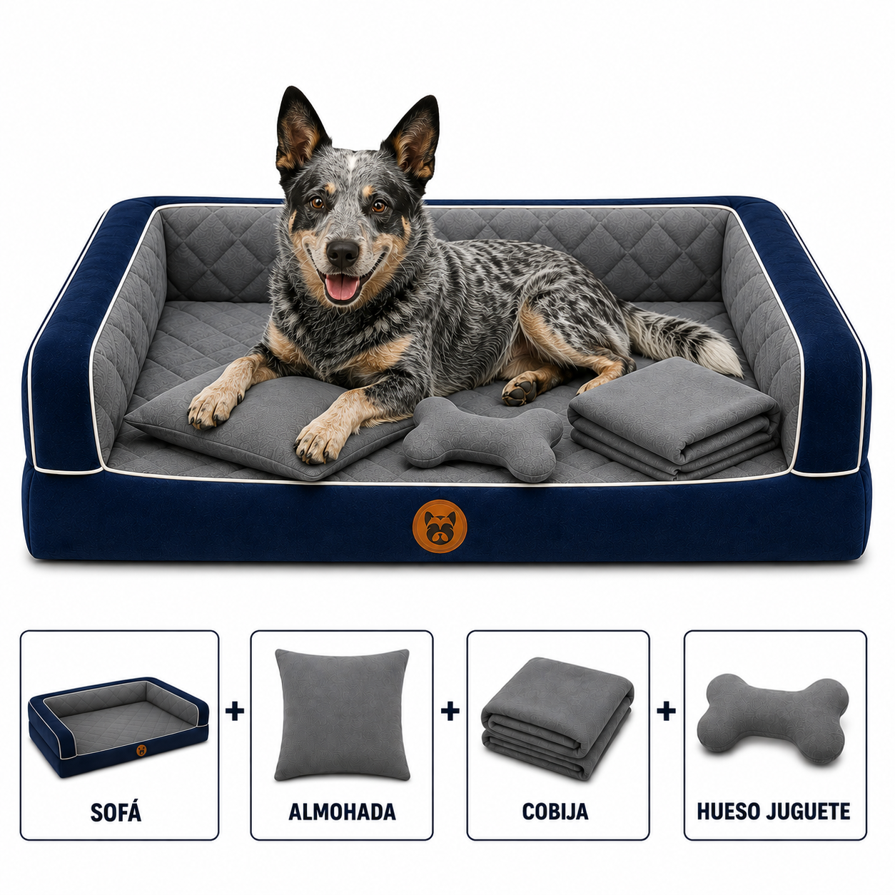 Cama Sofá Ortopédico para Perros con cobija + almohada + hueso juguete