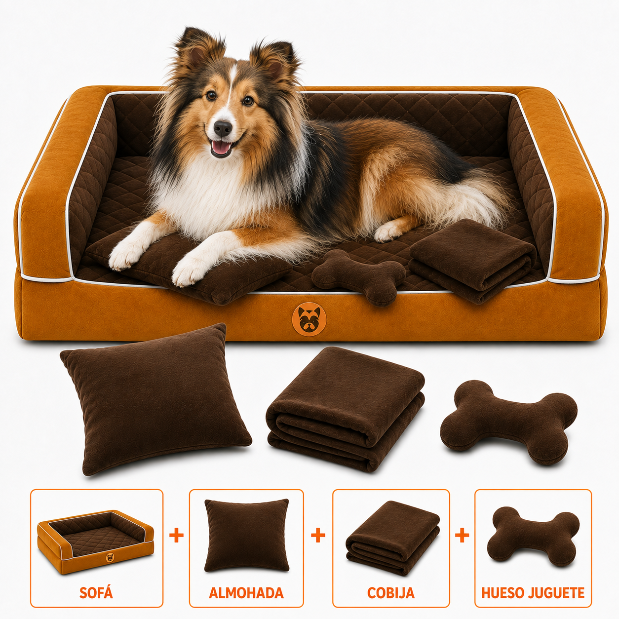 Cama Sofá Ortopédico para Perros con cobija + almohada + hueso juguete