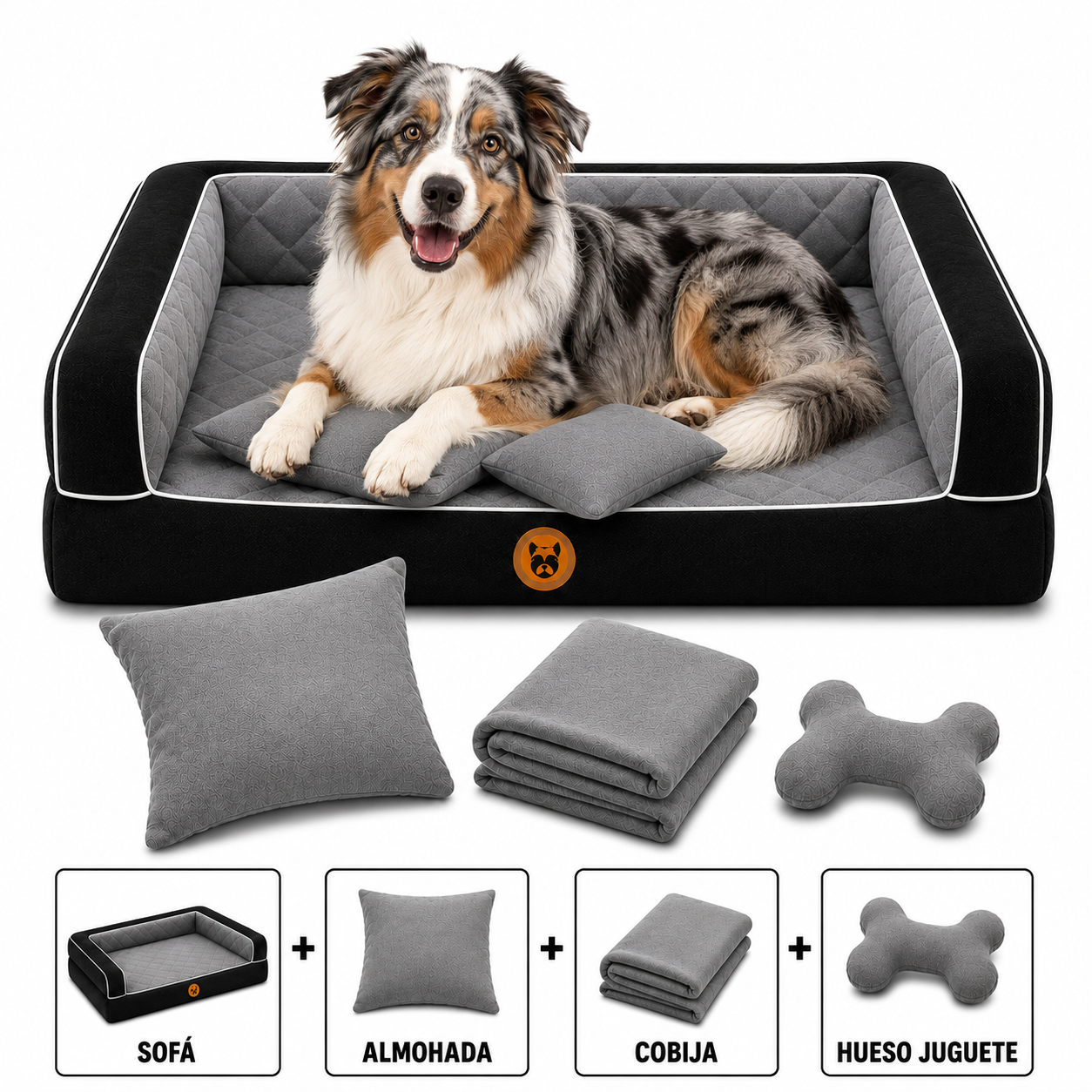 Cama Sofá Ortopédico para Perros con cobija + almohada + hueso juguete